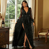 Adult Slit Black V-neck Long Sleeve Mesh Stitching Princess Elegant High-End Evening Dress for