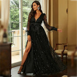 Adult Slit Black V-neck Long Sleeve Mesh Stitching Princess Elegant High-End Evening Dress for