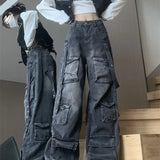 Fashion Multi-pocket Design Street Jeans Women Wide Legs Loose Washed Old Pants