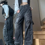 Fashion Multi-pocket Design Street Jeans Women Wide Legs Loose Washed Old Pants