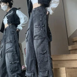 Fashion Multi-pocket Design Street Jeans Women Wide Legs Loose Washed Old Pants
