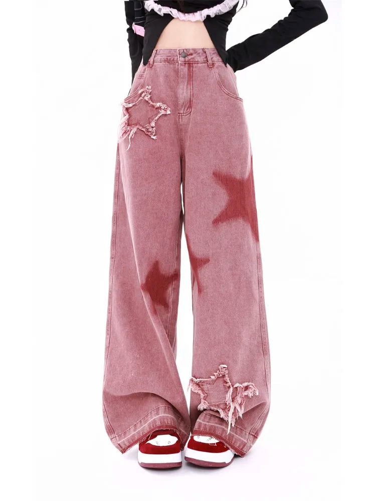 American Retro Trendy Wide-leg Five-point Star Raw Edge Jeans