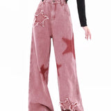 American Retro Trendy Wide-leg Five-point Star Raw Edge Jeans