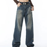 American Retro Trendy Wide-leg Five-point Star Raw Edge Jeans