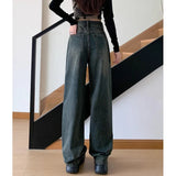 Retro Cement Wide-Leg Female 2025 New High-Waisted Thin Loose Straight Drag Jeans
