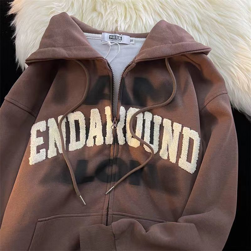 Retro Hiphop Flocking Cardigan Hooded Sweater
