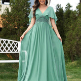 Applique Chiffon Green Evening Dress Slim Fit Flared Sleeves Bridesmaid Dress Cocktail