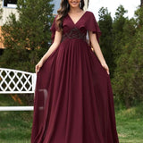 Applique Chiffon Green Evening Dress Slim Fit Flared Sleeves Bridesmaid Dress Cocktail