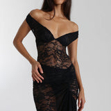 Miran - See-Through Lace Off-Shoulder Maxi Dress