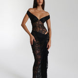 Miran - See-Through Lace Off-Shoulder Maxi Dress