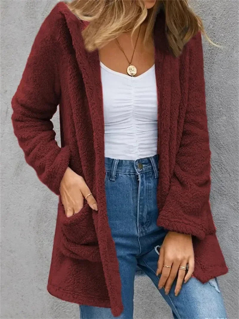 New Women Clothing Color Fleece Cardigan Pocket Casual Elegant Loose Fit Warm Fashion Vintage Coat