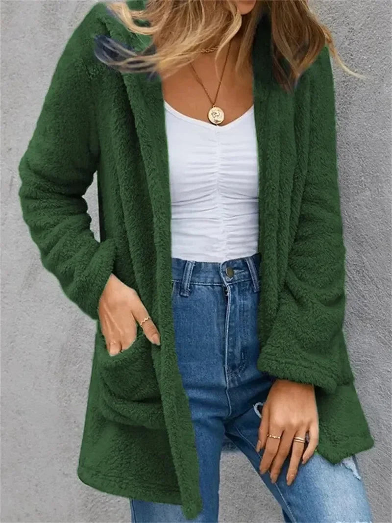 New Women Clothing Color Fleece Cardigan Pocket Casual Elegant Loose Fit Warm Fashion Vintage Coat