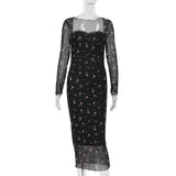 Adult Lady like Woman Maxi Dress Retro Long Sleeve Pure Printing