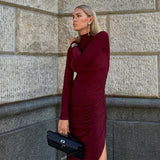 Solid Color Half High Collar Long Sleeves Slit Slim Fit Long Dress
