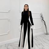 Black White Contrast Color Elegant Ruffle Long Sleeve Big Hem Dress