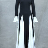Black White Contrast Color Elegant Ruffle Long Sleeve Big Hem Dress
