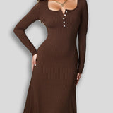 Button Square Collar Long Sleeve Elegant Wide Hem Maxi Dress
