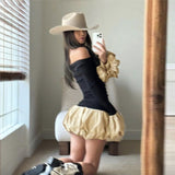 Cool Contrast Color Slim Fit Crinoline dress Waist Controlled Slimming Long Sleeve Dress