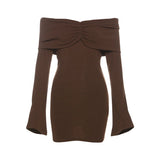 Retro off Neck Slim Solid Color Bell Sleeve