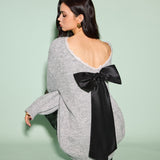 Lace Trim Bow-Decor Draped Sweater
