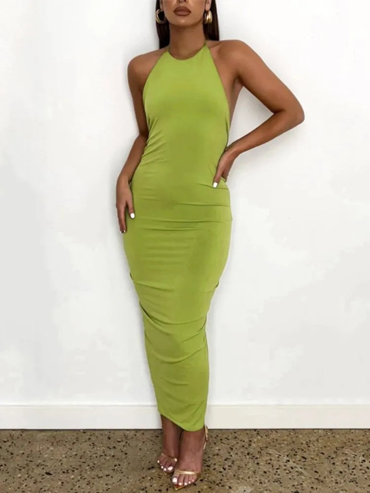 Slim Fit Large Open Back Strap Dress Pleated Summer Women's Fashion Maxi Dress