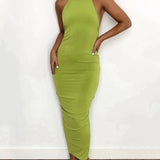 Slim Fit Large Open Back Strap Dress Pleated Summer Women's Fashion Maxi Dress