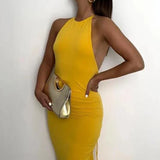 Slim Fit Large Open Back Strap Dress Pleated Summer Women's Fashion Maxi Dress