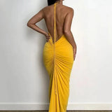 Slim Fit Large Open Back Strap Dress Pleated Summer Women's Fashion Maxi Dress