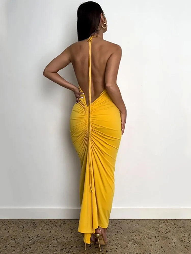 Slim Fit Large Open Back Strap Dress Pleated Summer Women's Fashion Maxi Dress