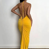 Slim Fit Large Open Back Strap Dress Pleated Summer Women's Fashion Maxi Dress