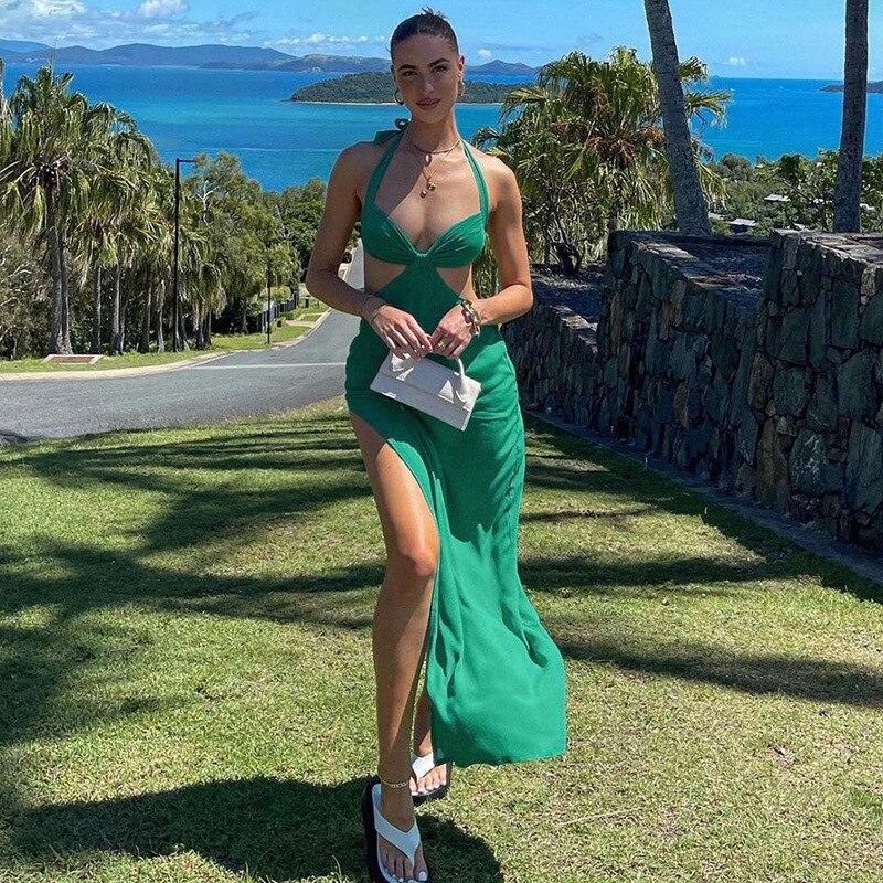Solid Sexy Open Back Halter Split Maxi Dress