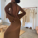 Solid knitted open back flared long sleeve maxi dress