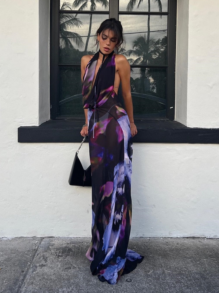 Backless Print Halter BodyconClub Party Dress