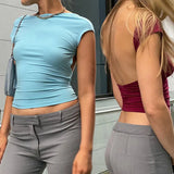 Short Sleeve Blue Y2K Crop Top O Neck Vintage Crop Top