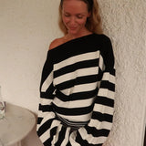Black White Striped Irregular Collar Off Shoulder Pullover Women Long Sleeve Sweater