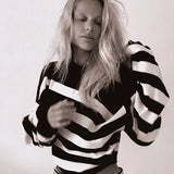 Black White Striped Irregular Collar Off Shoulder Pullover Women Long Sleeve Sweater
