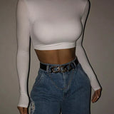 Sheath Solid Turtleneck Autumn Stretch Casual Undershirt All-match Crop Tops