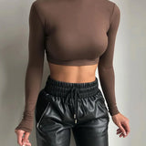 Sheath Solid Turtleneck Autumn Stretch Casual Undershirt All-match Crop Tops