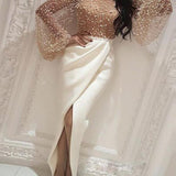 Beaded Embellished Mesh Patchwork Slit Dress