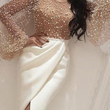 Beaded Embellished Mesh Patchwork Slit Dress