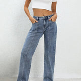 Ladies Fashion Blue Wide Leg Trousers For Women Mid Waisted Loose Casual Straight Denim Jeans