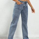 Ladies Fashion Blue Wide Leg Trousers For Women Mid Waisted Loose Casual Straight Denim Jeans