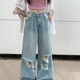 Retro Wide Leg Women Street Ripped Waist Adjustable Washed Denim Jeans