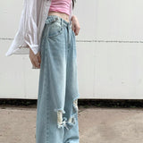 Retro Wide Leg Women Street Ripped Waist Adjustable Washed Denim Jeans