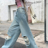 Retro Wide Leg Women Street Ripped Waist Adjustable Washed Denim Jeans