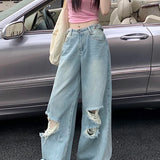 Retro Wide Leg Women Street Ripped Waist Adjustable Washed Denim Jeans