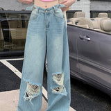 Retro Wide Leg Women Street Ripped Waist Adjustable Washed Denim Jeans