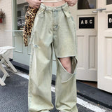 Washed Ripped Women's High Waist Y2k Streetwear Boyfriend Loose Raw Hem Straight Wide-Leg Jeans