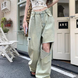 Washed Ripped Women's High Waist Y2k Streetwear Boyfriend Loose Raw Hem Straight Wide-Leg Jeans