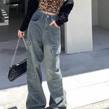 Washed Cargo Women Street Retro Wide Leg Pants High Waist Denim Long Jeans